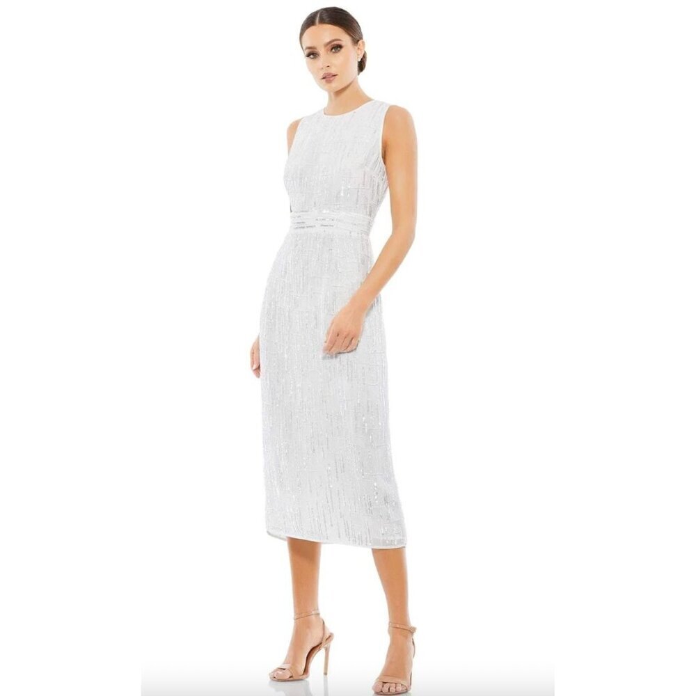 Mac Duggal Sequined Tea Length Geometric Beaded Dress Sheath Dress White Womens